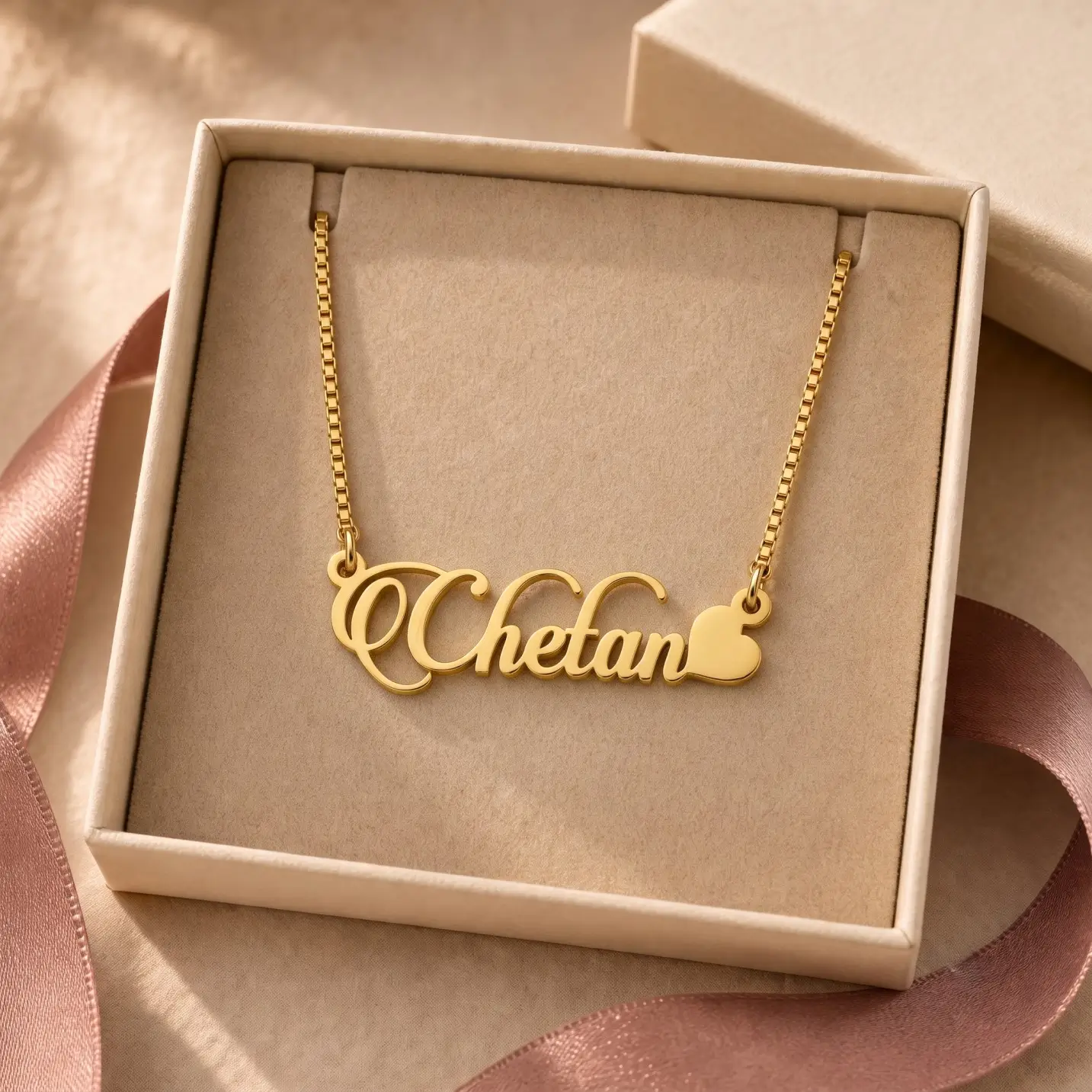Stylish Heart Name Necklace - Jewellery Box Gold-tone decorative script name necklace with a heart displayed in an open beige jewellery box