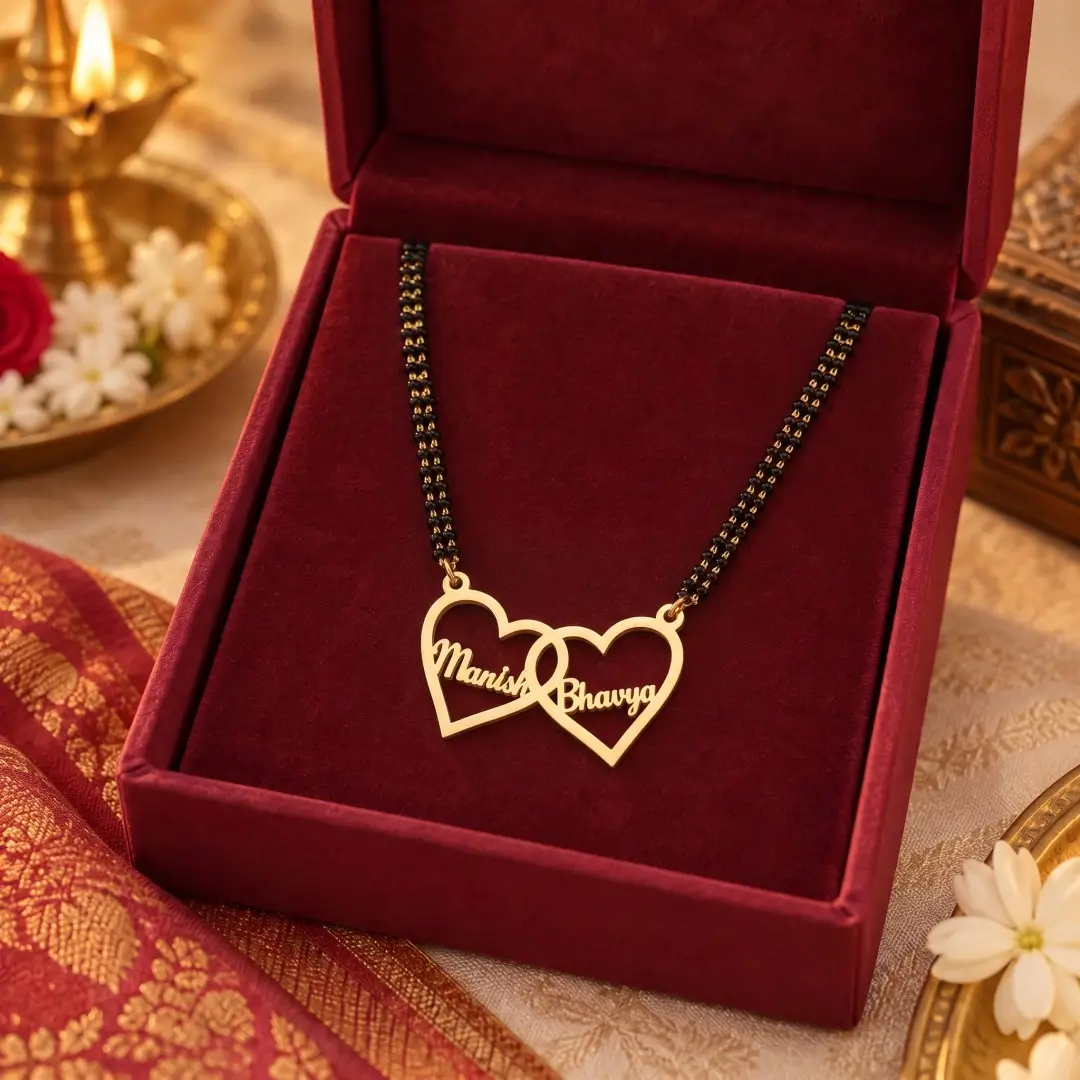 Double Heart Couple Name Necklace - With a black-beaded chain in a red display box Double Heart Couple Name Necklace with a black-beaded chain in a red display box