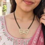 Double Heart Couple Name Necklace with a black-beaded chain shown on a model