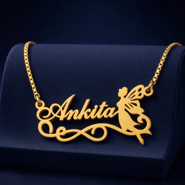 Gold-tone fairy silhouette name pendant on a navy velvet display
