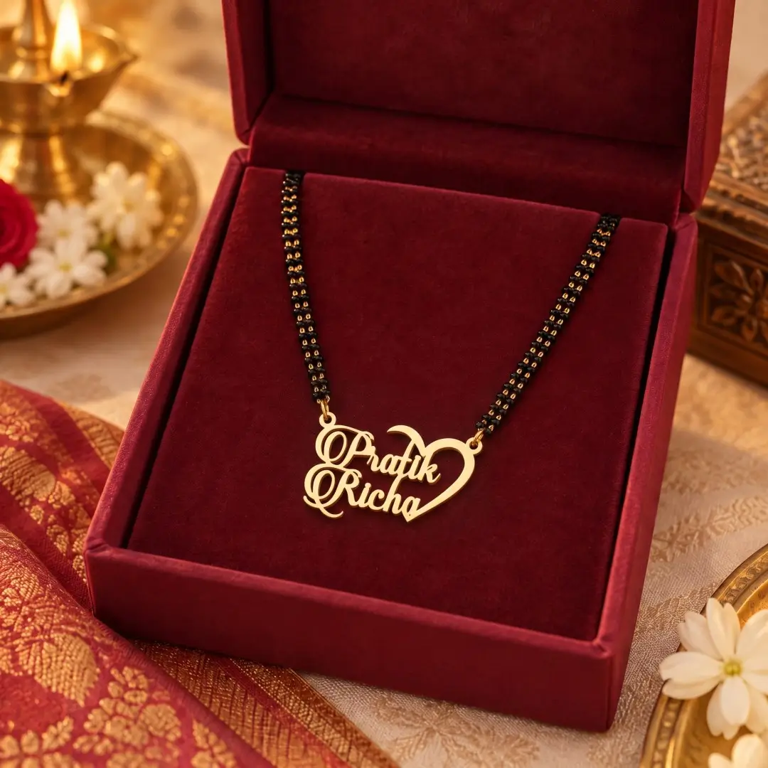 Half Heart Couple Name Necklace - With a black-beaded chain in a red display box Half Heart Couple Name Necklace with a black-beaded chain in a red display box
