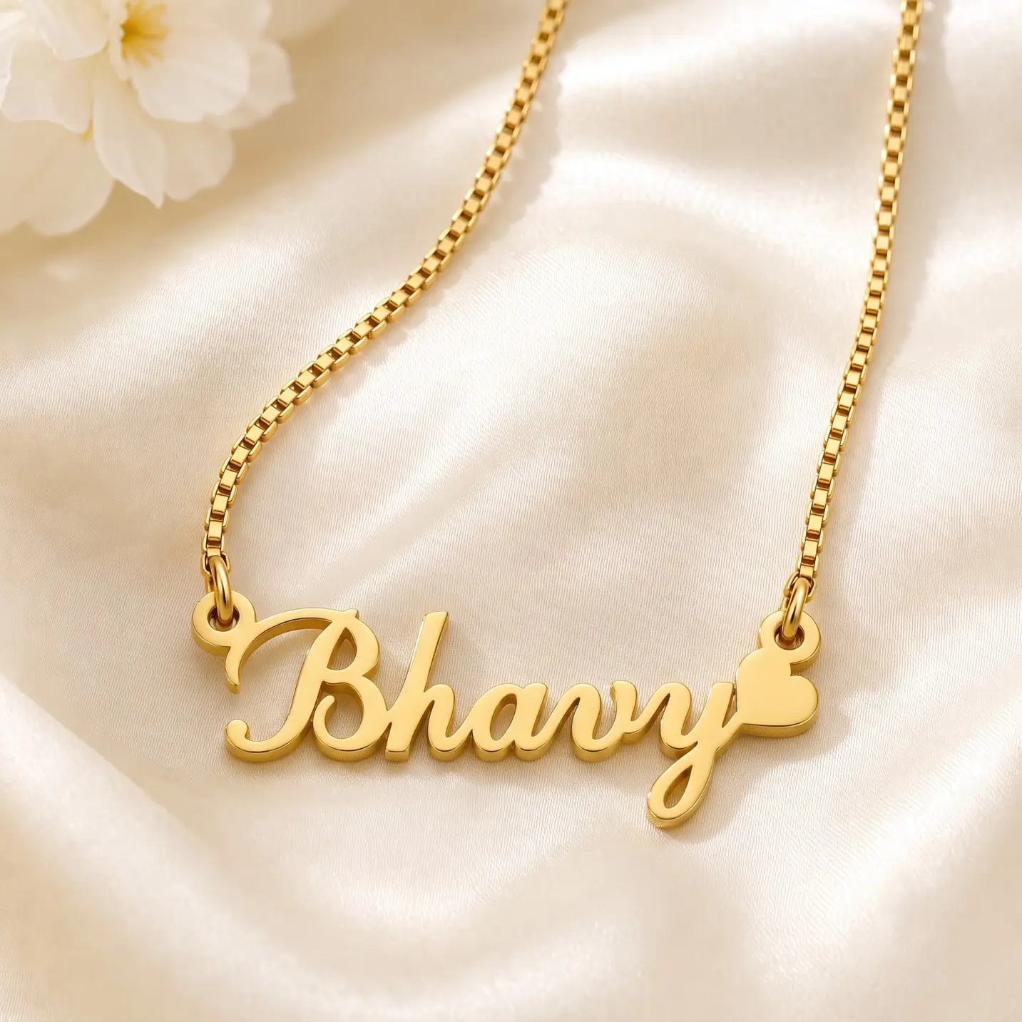 Curved Heart Name Necklace - Satin Detail Gold-tone curved script name necklace with a heart on ivory satin