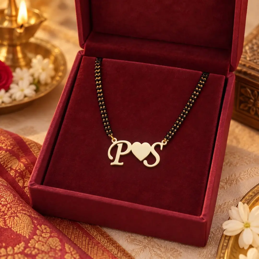 Heart Initials Couple Necklace - With a black-beaded chain in a red display box Heart Initials Couple Necklace with a black-beaded chain in a red display box