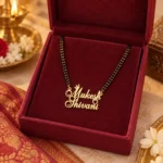 Two Heart Couple Name Necklace with a black-beaded chain in a red display box