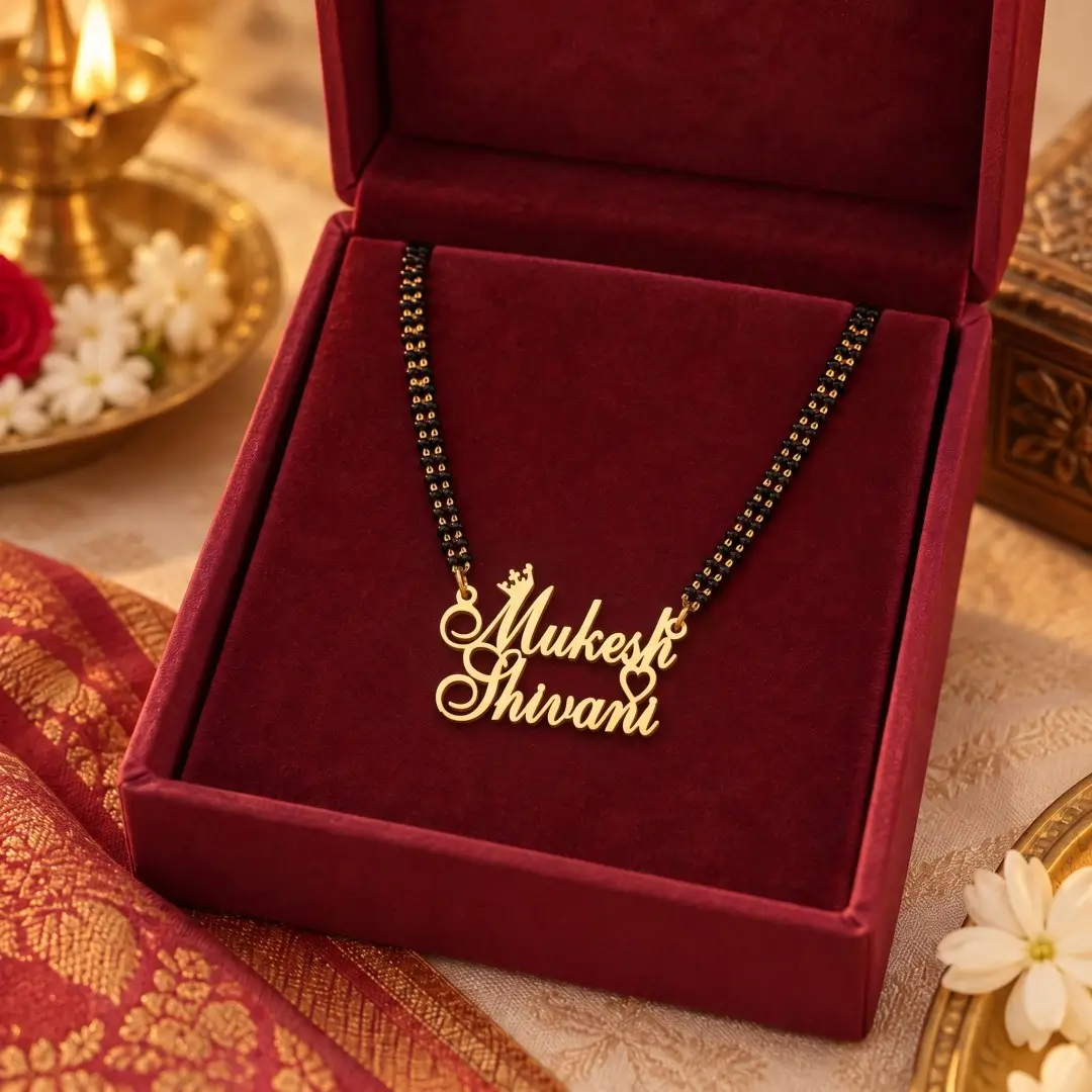 Two Heart Couple Name Necklace - With a black-beaded chain in a red display box Two Heart Couple Name Necklace with a black-beaded chain in a red display box