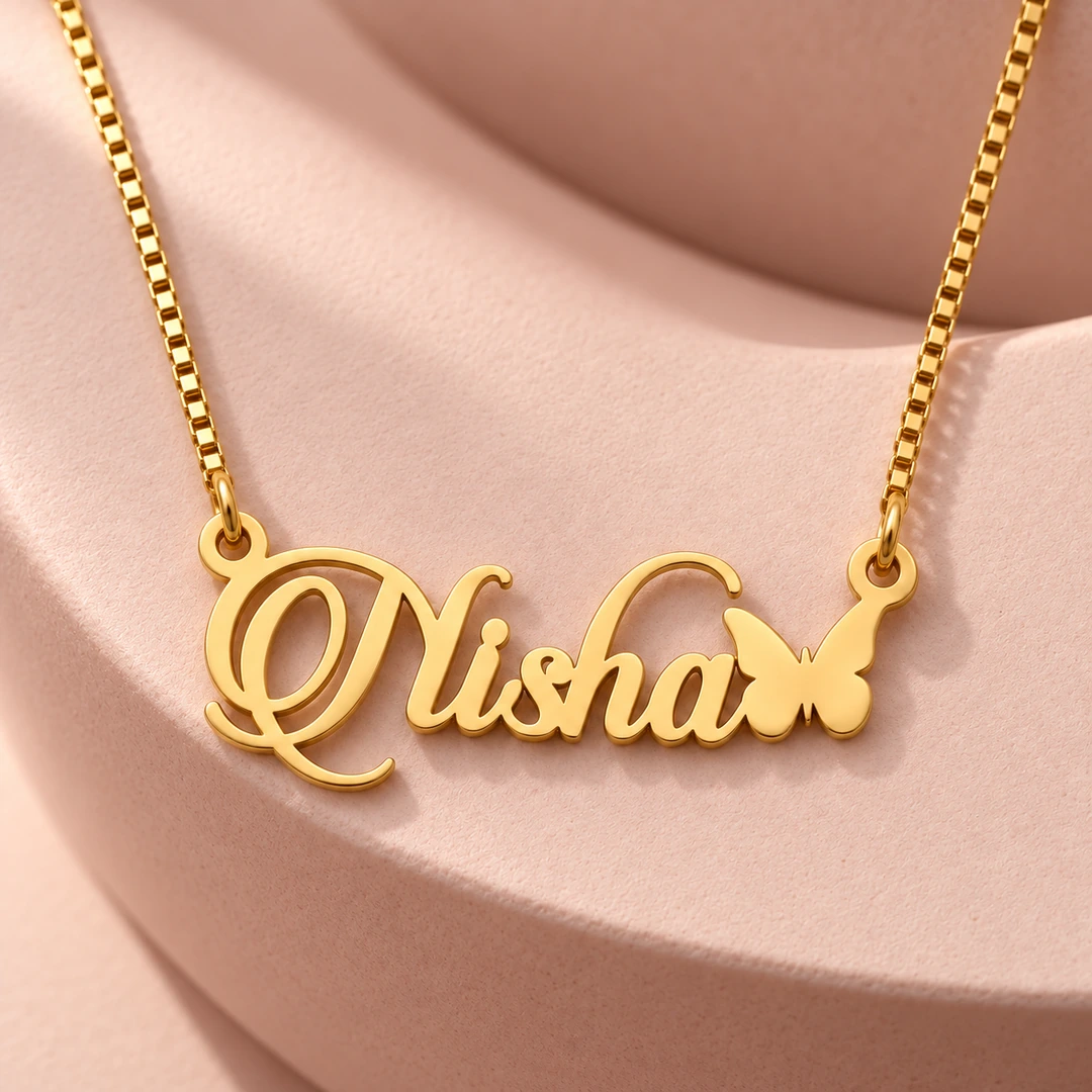 Butterfly Style Name Necklace Rose Ceramic Gold Nisha butterfly name necklace on matte rose ceramic