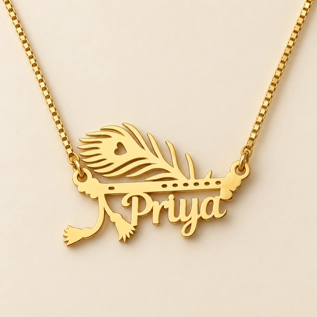 Mor Pankh Design Pendant - Reshoot 1 Gold Priya name pendant with peacock feather and flute design, golden box chain, clean ivory product view