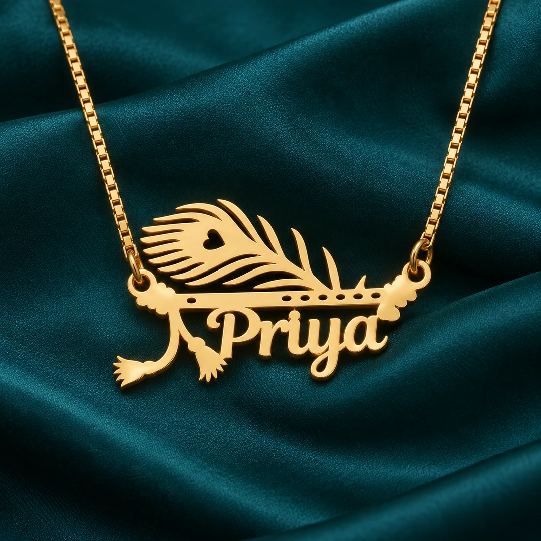 Mor Pankh Design Pendant - Reshoot 5 Gold Priya name pendant with peacock feather and flute design, golden box chain, teal satin product view