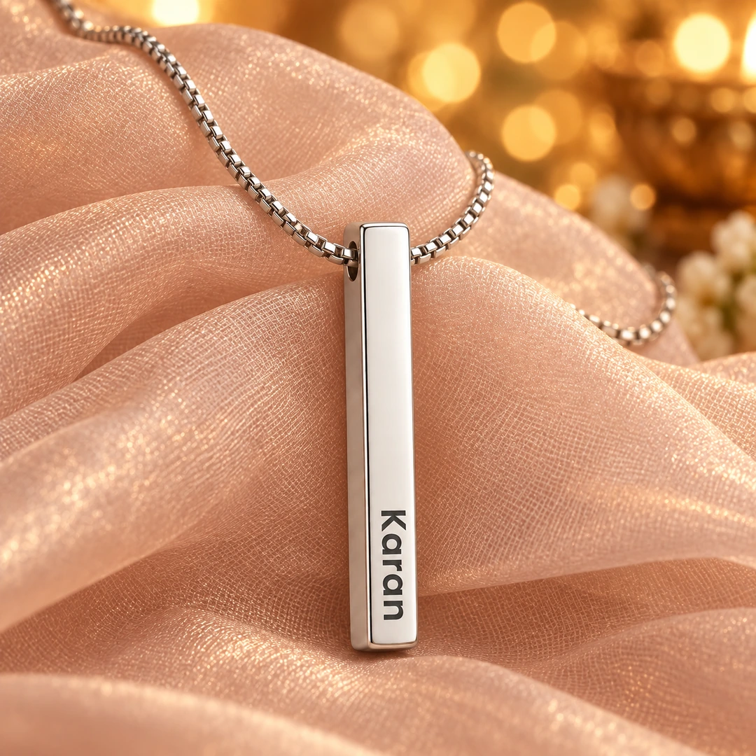 Personalized Silver Finish 3D Bar Pendant - On peach fabric Personalized Silver Finish 3D Bar Pendant on peach fabric