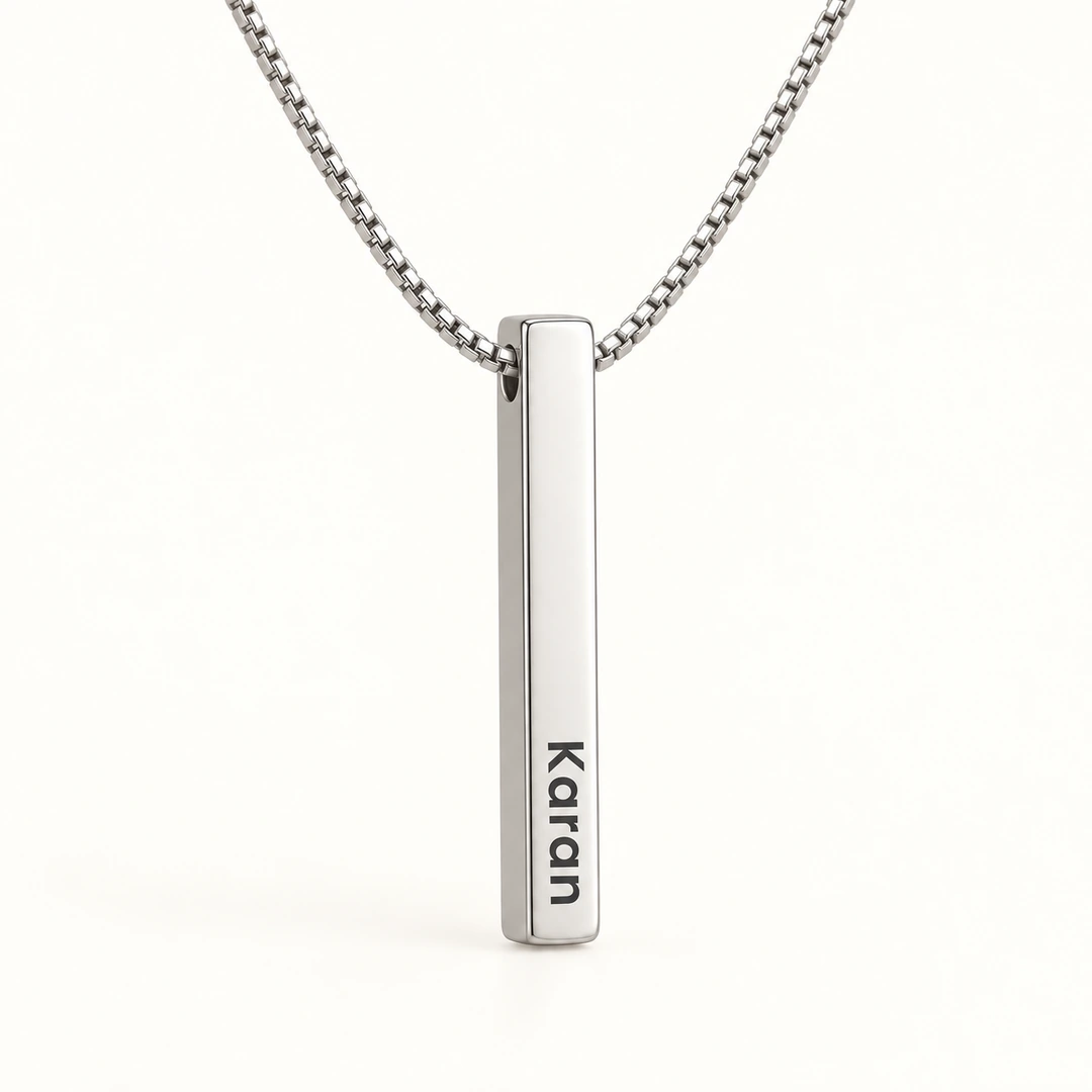 Personalized Silver Finish 3D Bar Pendant - On an cream background Personalized Silver Finish 3D Bar Pendant on an cream background