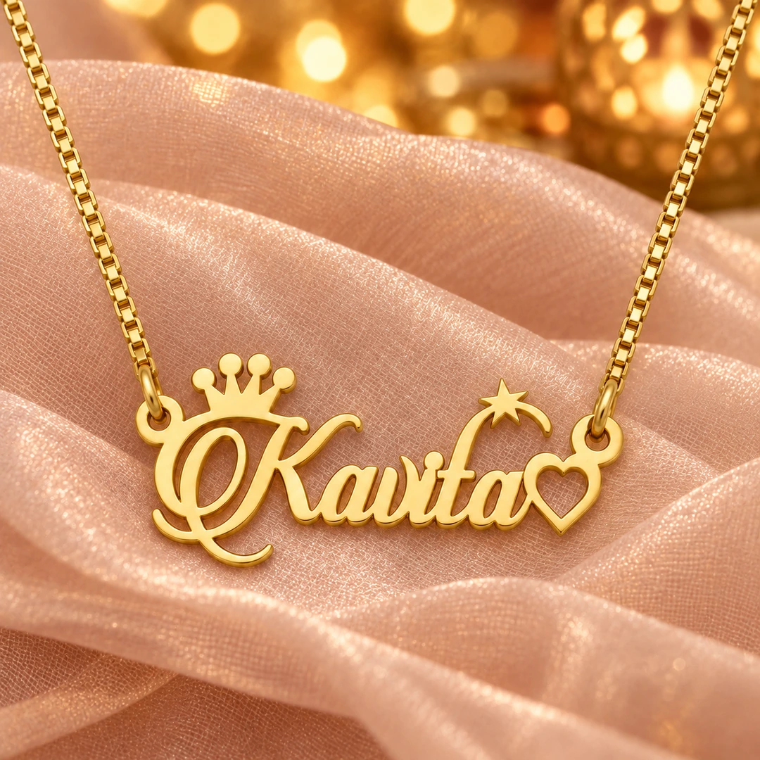 Crown, Star and Heart Name Necklace - On peach fabric Crown, Star and Heart Name Necklace on peach fabric