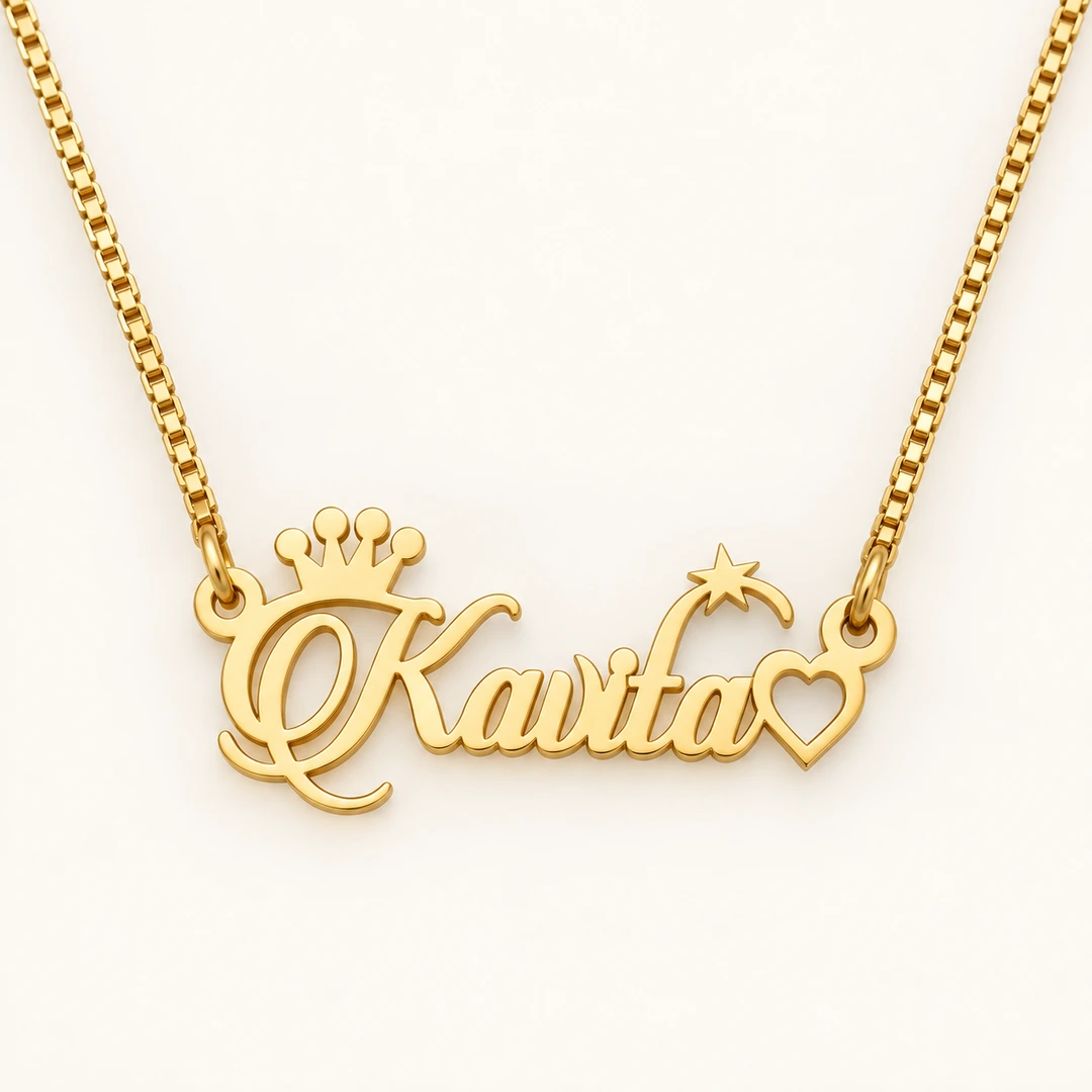 Crown, Star and Heart Name Necklace - On an cream background Crown, Star and Heart Name Necklace on an cream background
