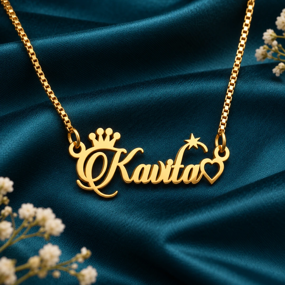 Crown, Star and Heart Name Necklace - On dark green fabric Crown, Star and Heart Name Necklace on dark green fabric