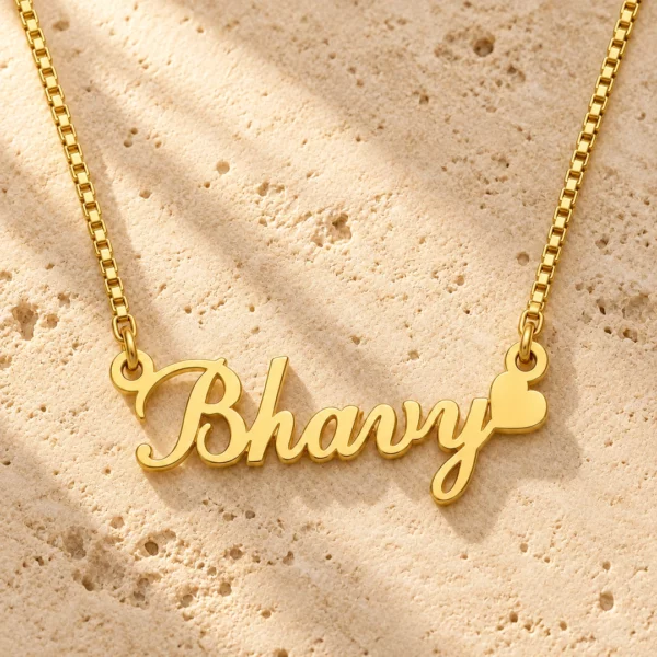 Heart Style Name Necklace with original chain on warm travertine product display