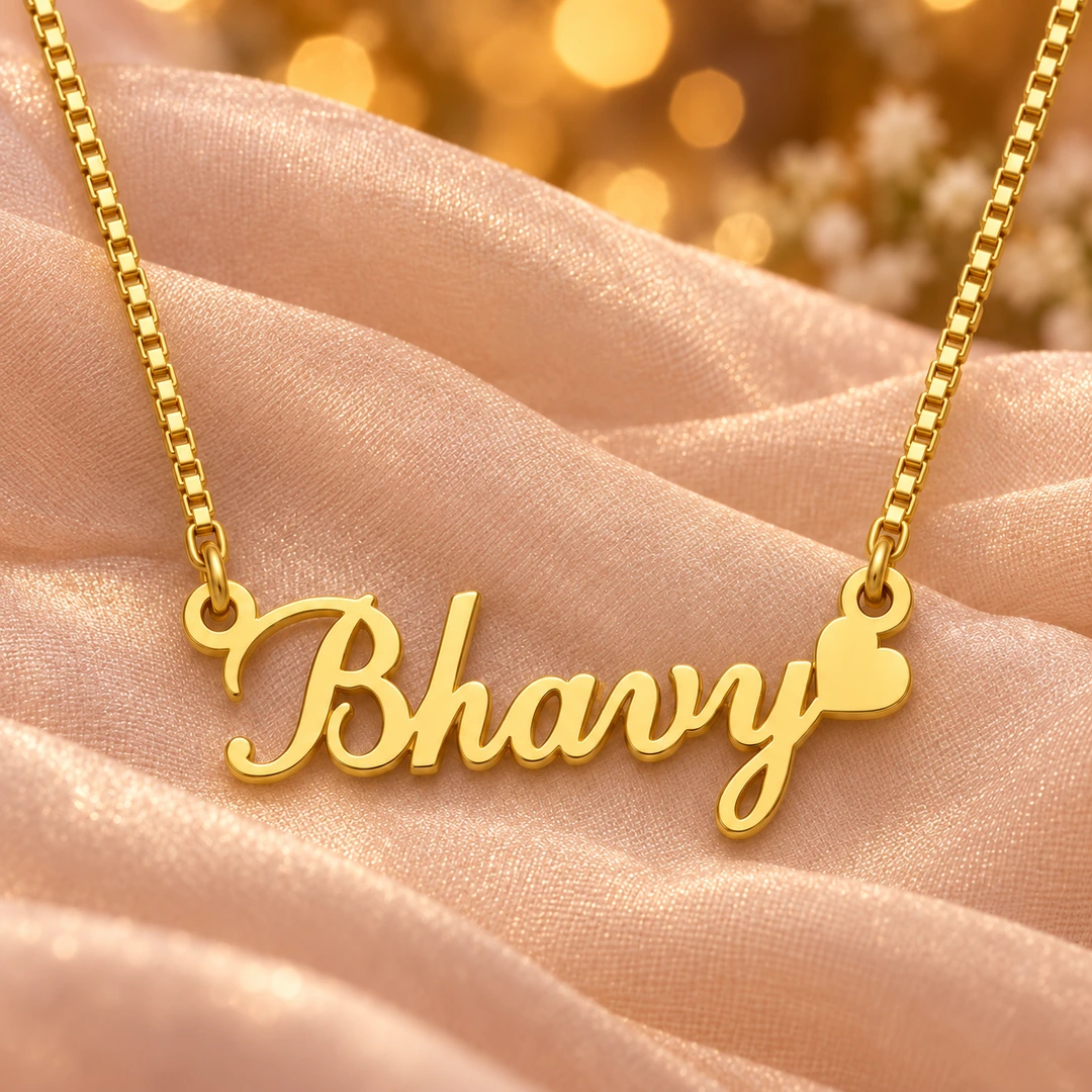 Curved Heart Name Necklace - On peach fabric Curved Heart Name Necklace on peach fabric