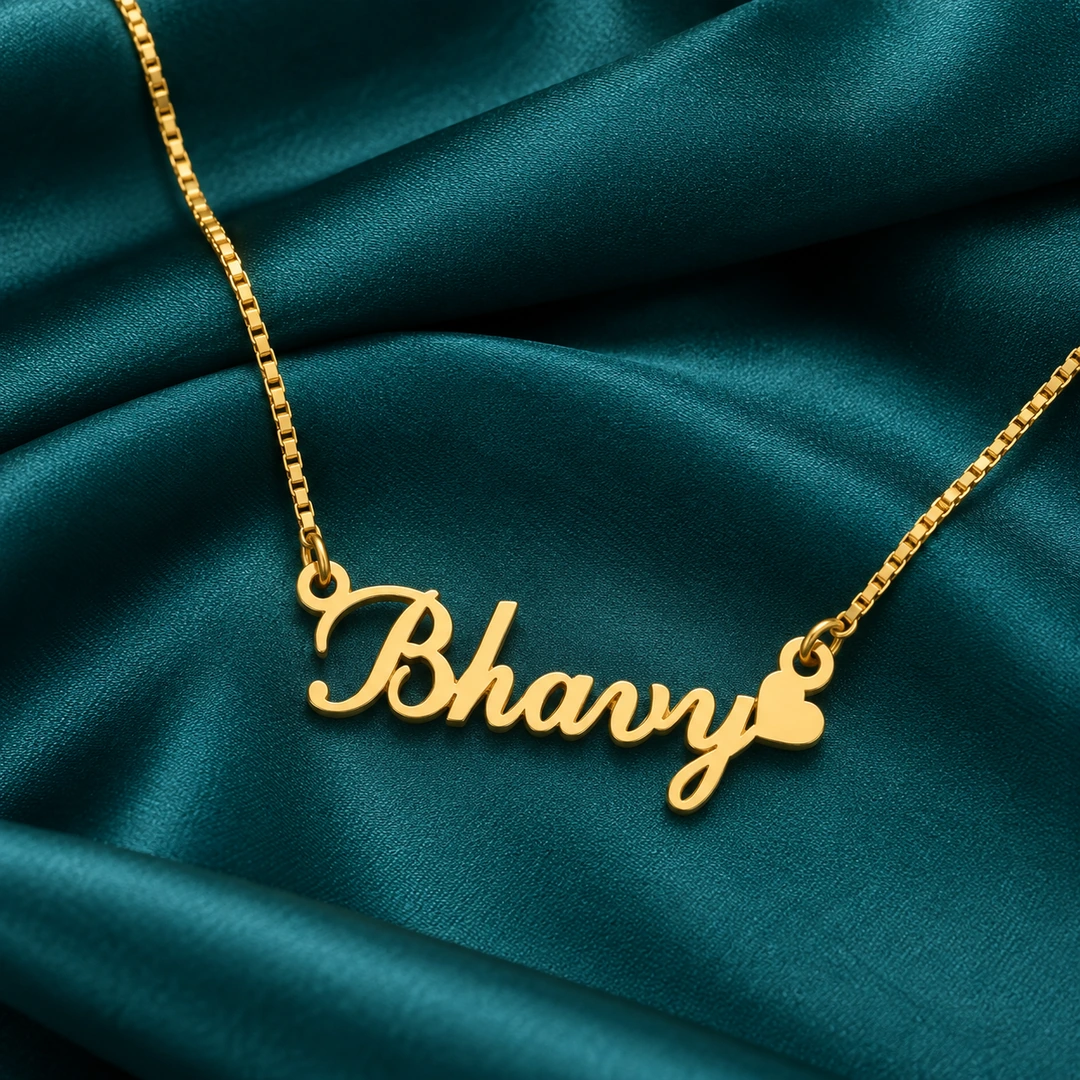 Curved Heart Name Necklace - On dark green fabric Curved Heart Name Necklace on dark green fabric