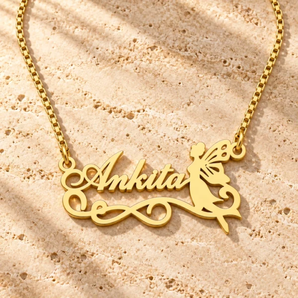 Fairy Angel Name Pendant with original gold box chain on travertine hero background
