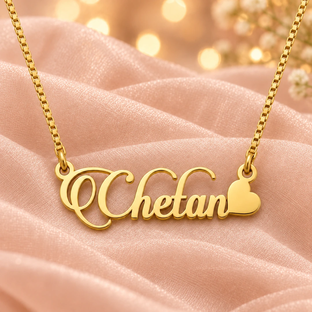 Stylish Heart Name Necklace - On peach fabric Stylish Heart Name Necklace on peach fabric
