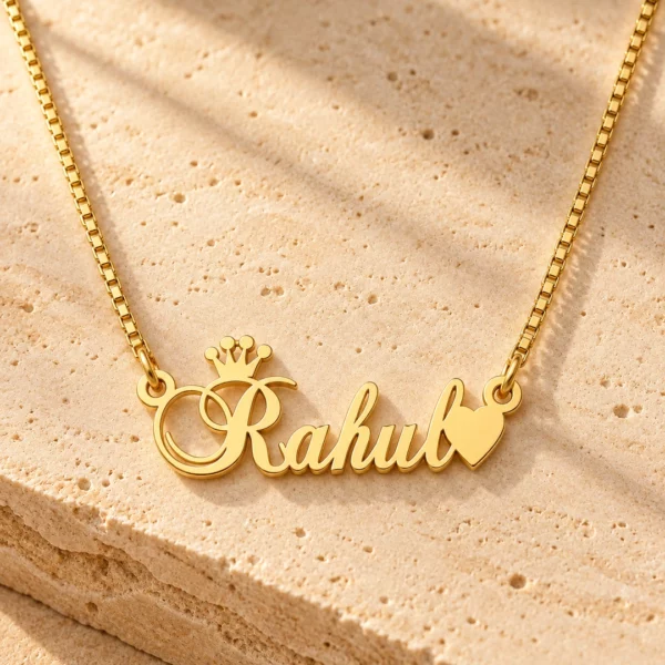 Crown With Heart Name Necklace gold pendant with original box chain on travertine hero setting
