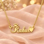 Crown With Heart Name Necklace gold pendant with original box chain on blush organza setting