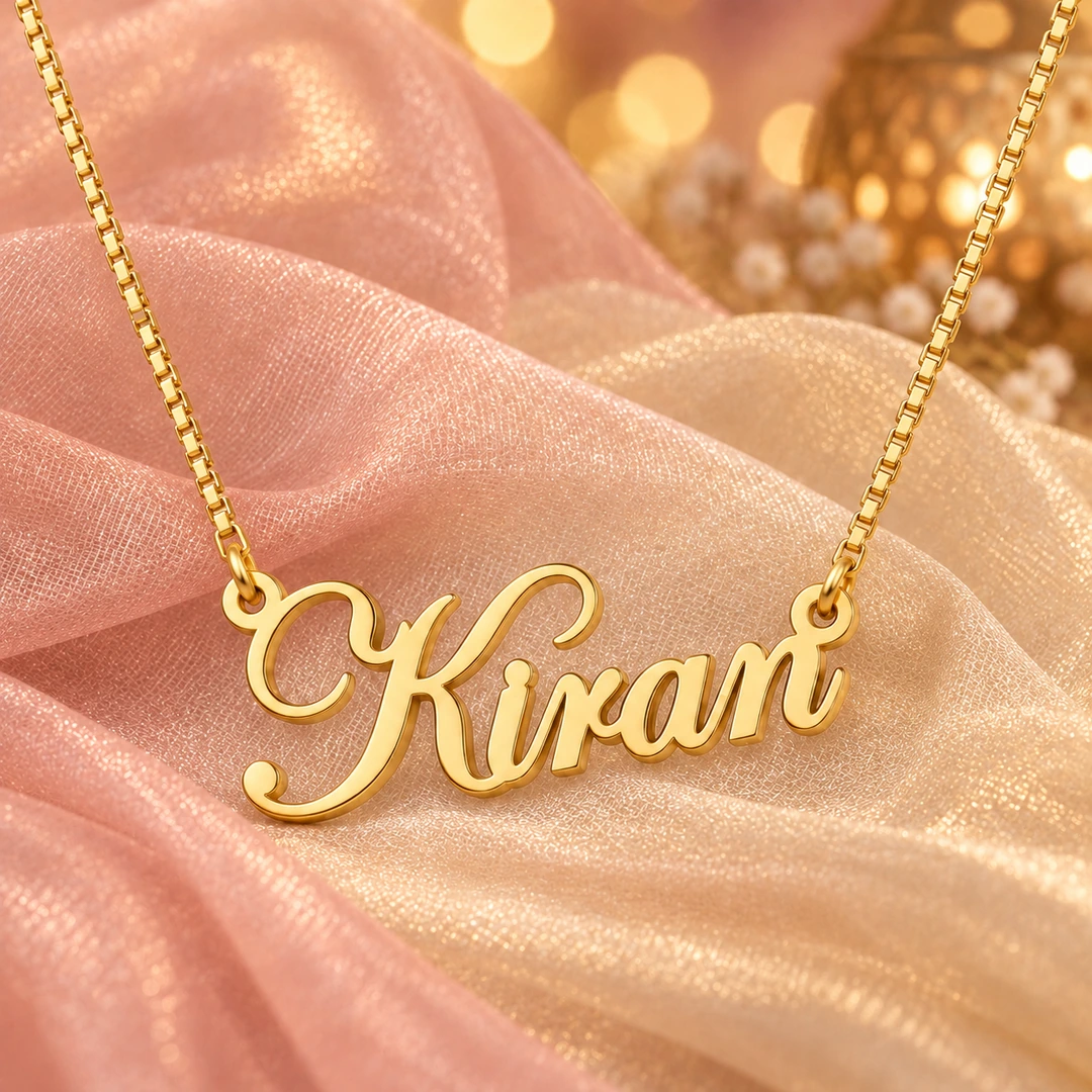 Stylish Name Pendant — Blush organza concept Gold Kiran stylish name pendant and box chain on blush organza