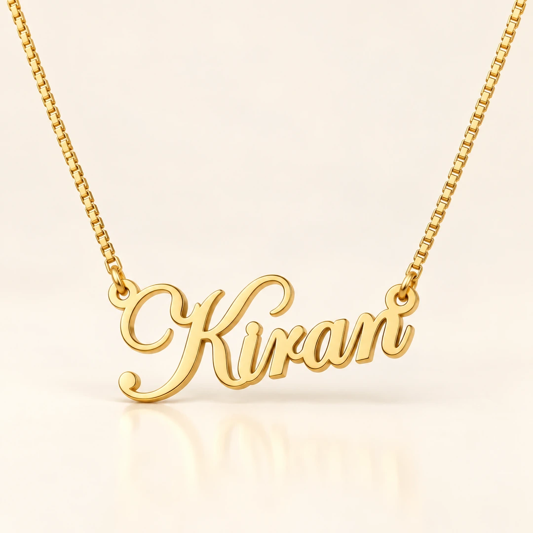 Stylish Name Pendant — ivory reshoot Gold Kiran stylish name pendant with ornate capital K and original box chain, ivory setting