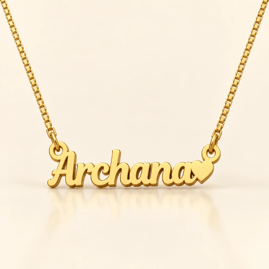 Heart Name Pendant — ivory reshoot Gold Archana name pendant with solid heart and original box chain, ivory setting