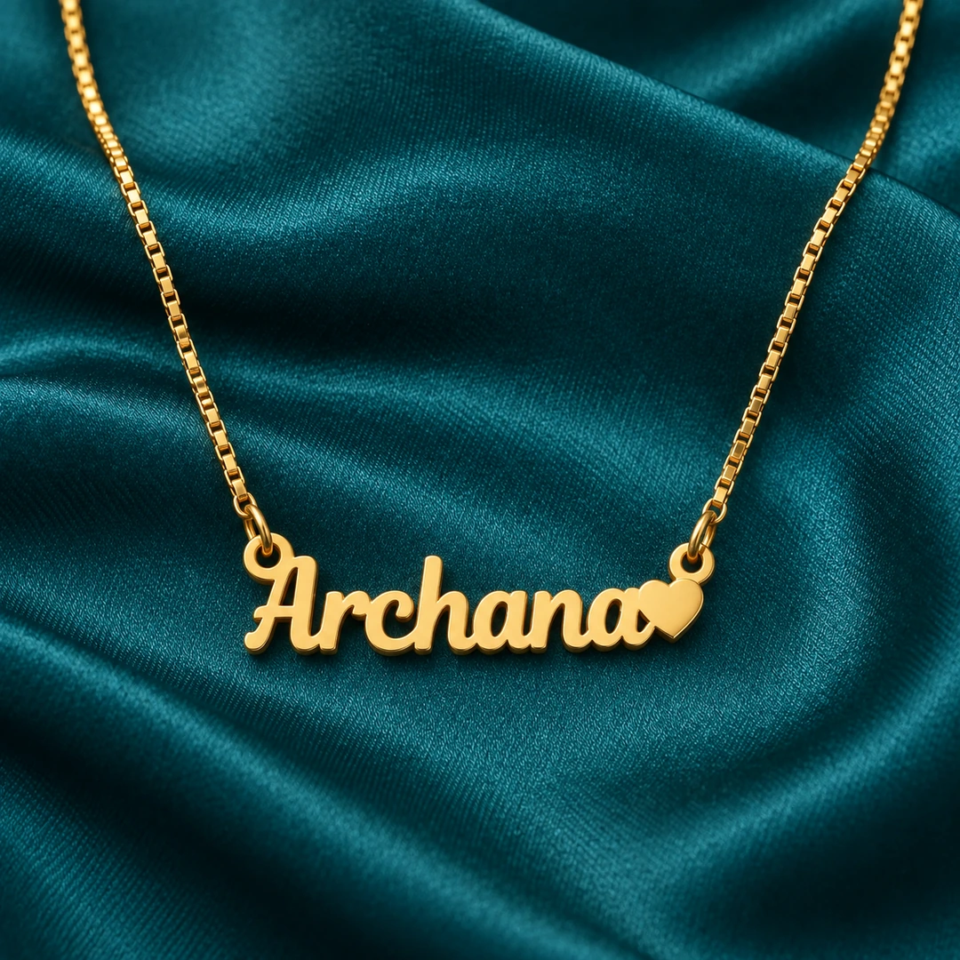 Heart Name Pendant — teal reshoot Gold Archana name pendant with solid heart and original box chain, teal setting
