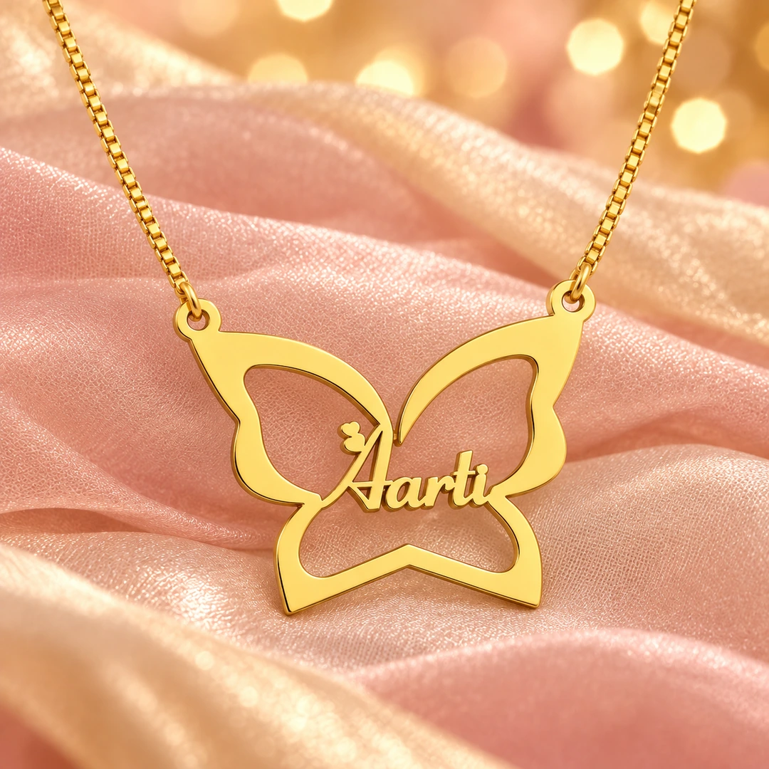 Butterfly Custom Name Necklace - blush organza concept Butterfly Custom Name Necklace necklace on blush organza surface