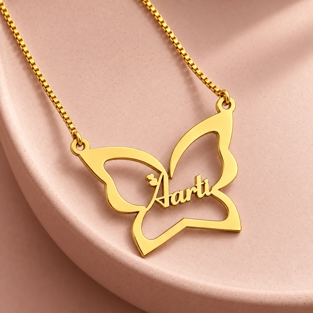 Butterfly Custom Name Necklace - rose ceramic concept Butterfly Custom Name Necklace necklace on rose ceramic surface