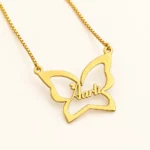 Gold butterfly outline Aarti name necklace with box chain, clean ivory catalog