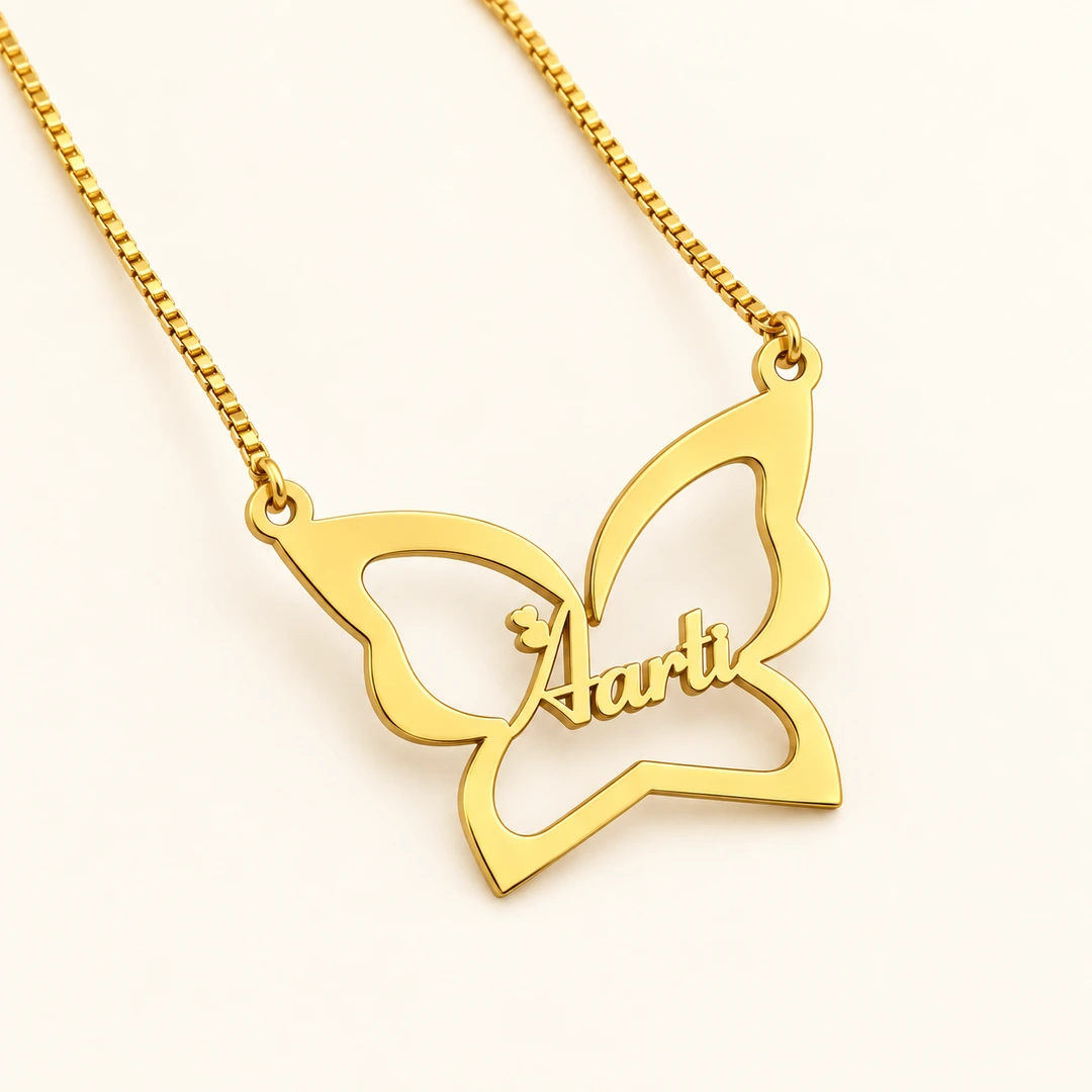 Butterfly Custom Name Necklace - clean ivory catalog Gold butterfly outline Aarti name necklace with box chain, clean ivory catalog