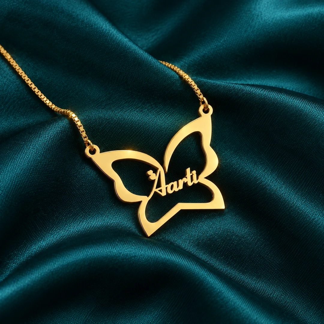 Butterfly Custom Name Necklace - teal satin Gold butterfly outline Aarti name necklace with box chain, teal satin