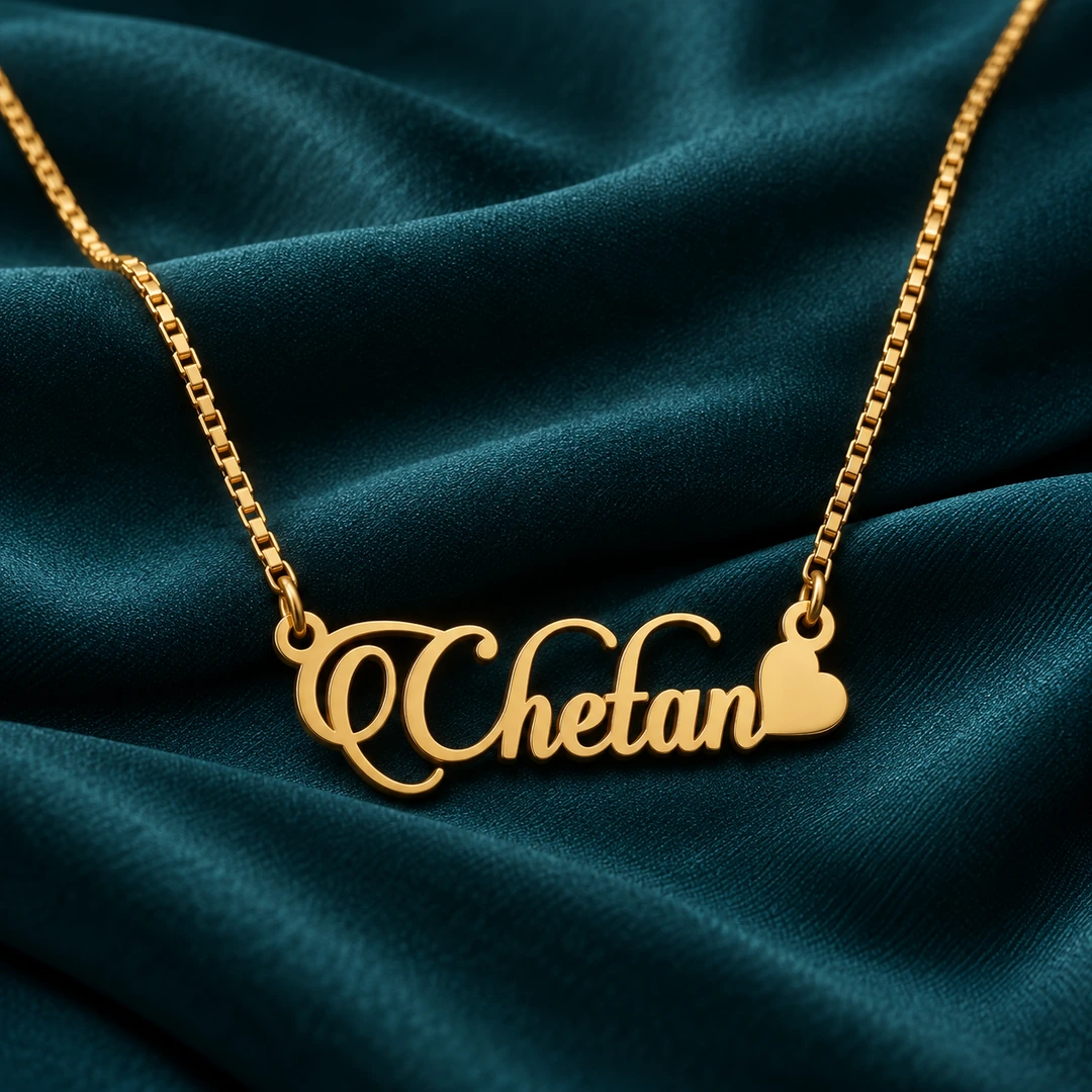 Stylish Heart Name Necklace - On dark green fabric Stylish Heart Name Necklace on dark green fabric