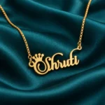 Gold cursive Shruti crown name necklace with box chain - Teal Satin
