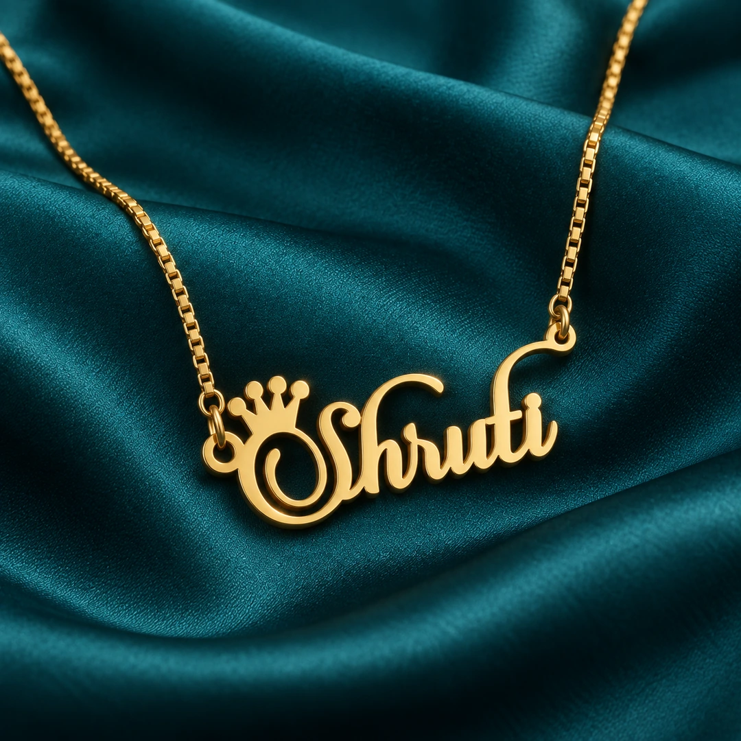 Crown Name Necklace - Teal Satin Gold cursive Shruti crown name necklace with box chain - Teal Satin