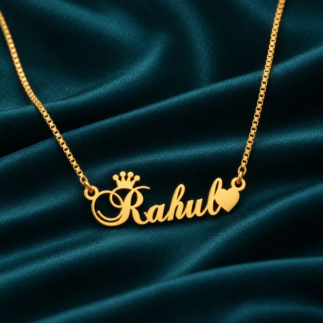 Crown With Heart Name Necklace - Teal satin Gold Rahul crown and heart name necklace with original box chain - teal satin setting