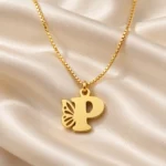 Gold P letter pendant with openwork butterfly wing and fine box chain - satin