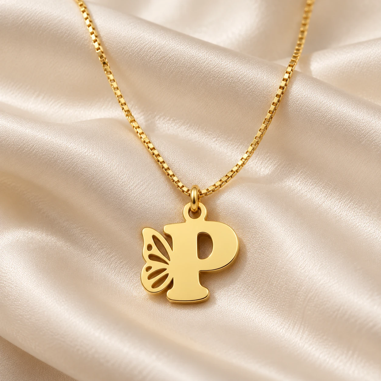 Butterfly P Letter Pendant - satin Gold P letter pendant with openwork butterfly wing and fine box chain - satin