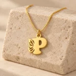 Gold P letter pendant with openwork butterfly wing and fine box chain - stone