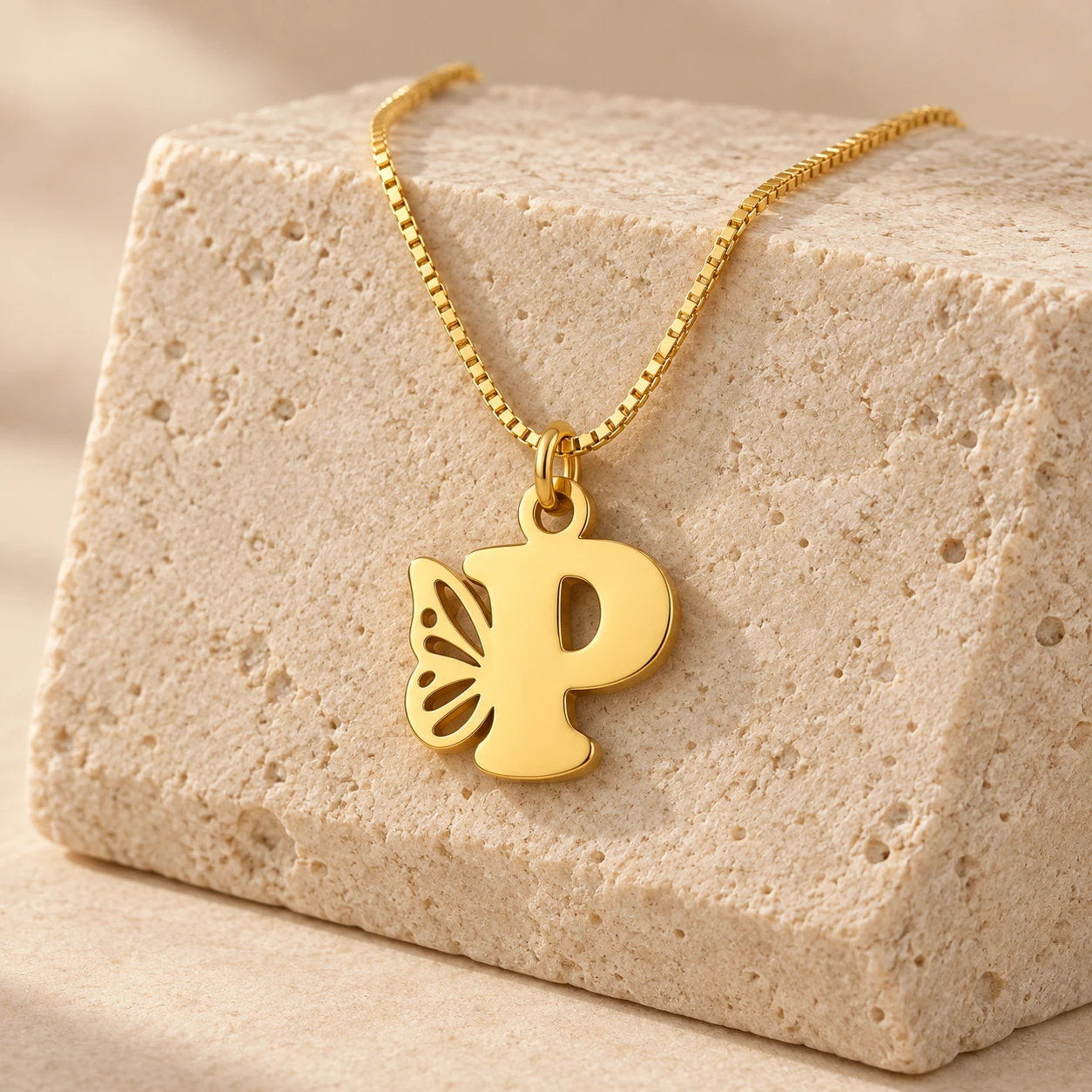 Butterfly P Letter Pendant - stone Gold P letter pendant with openwork butterfly wing and fine box chain - stone