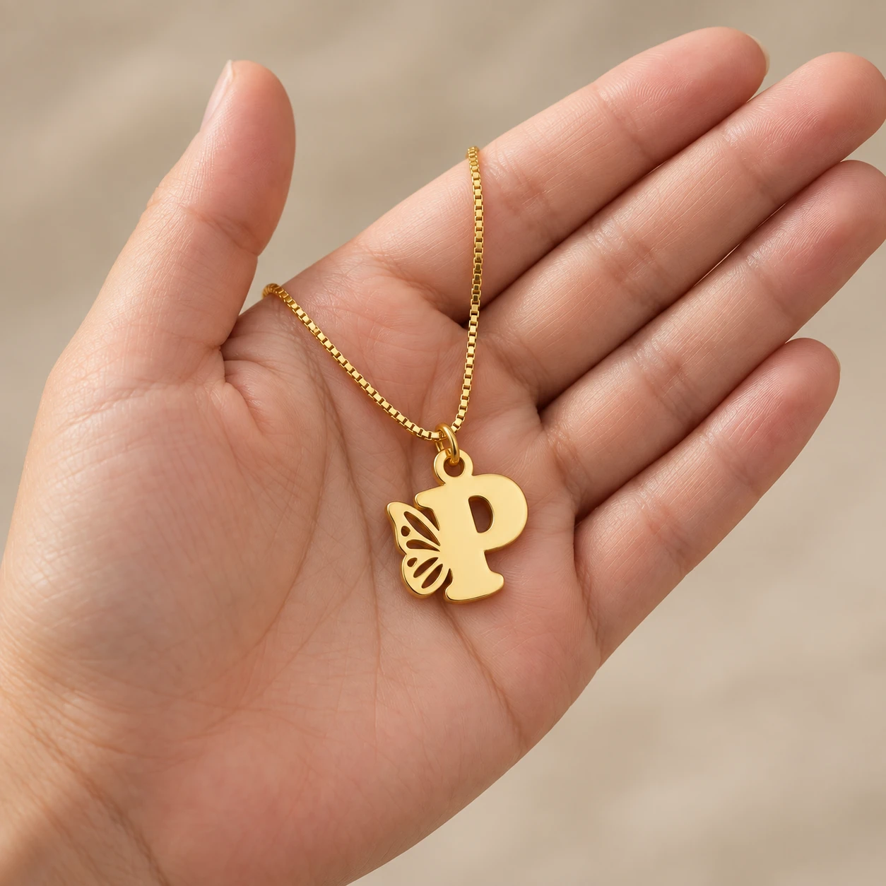 Butterfly P Letter Pendant - hand Gold P letter pendant with openwork butterfly wing and fine box chain - hand