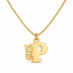 Gold P letter pendant with openwork butterfly wing and fine box chain - white