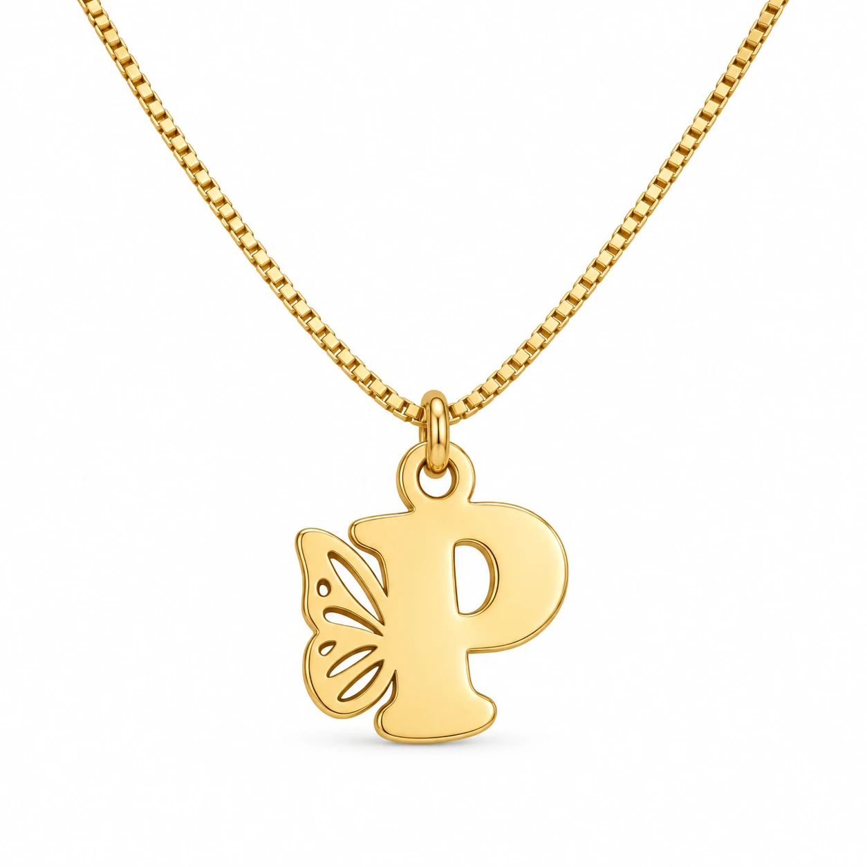 Butterfly P Letter Pendant - white Gold P letter pendant with openwork butterfly wing and fine box chain - white
