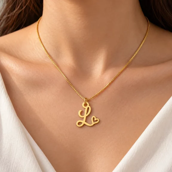 Curved Heart Letter Pendant worn on a fine chain