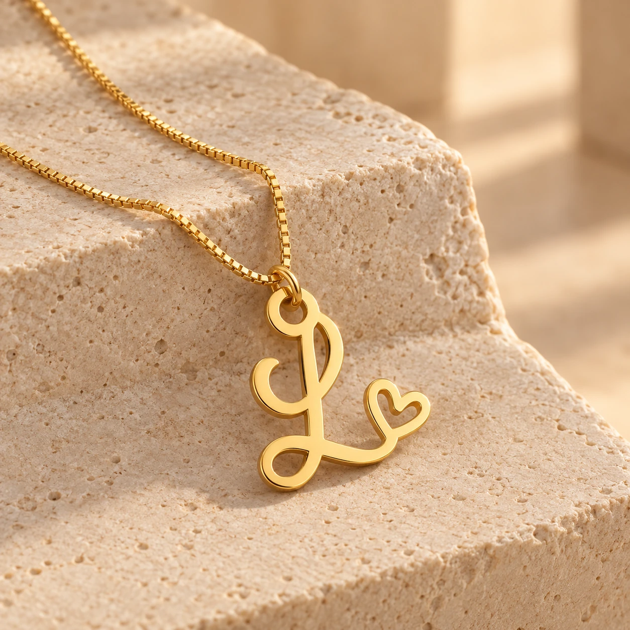 Curved Heart Letter Pendant - With a chain on a stone display Curved Heart Letter Pendant with a chain on a stone display