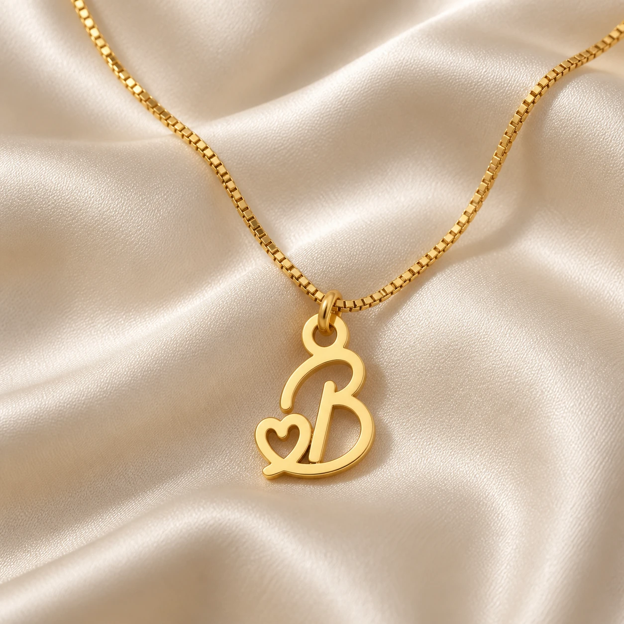 Heart Letter Pendant - satin Gold B letter pendant with integrated heart cutout and fine box chain, satin