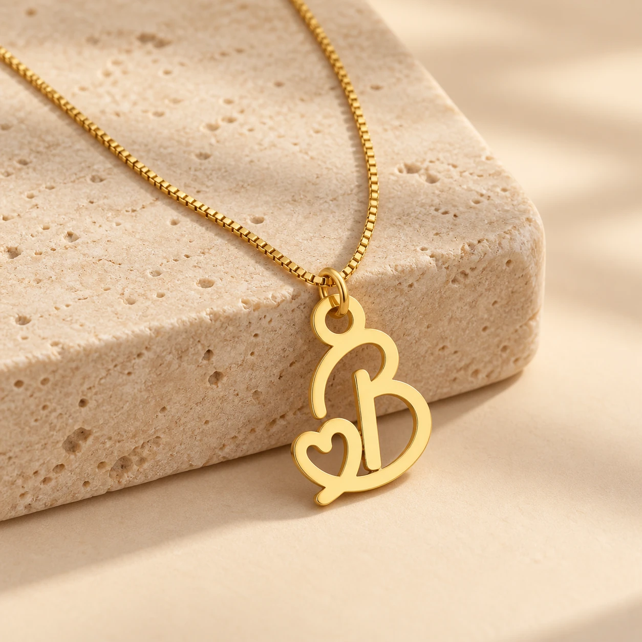 Heart Letter Pendant - stone Gold B letter pendant with integrated heart cutout and fine box chain, stone