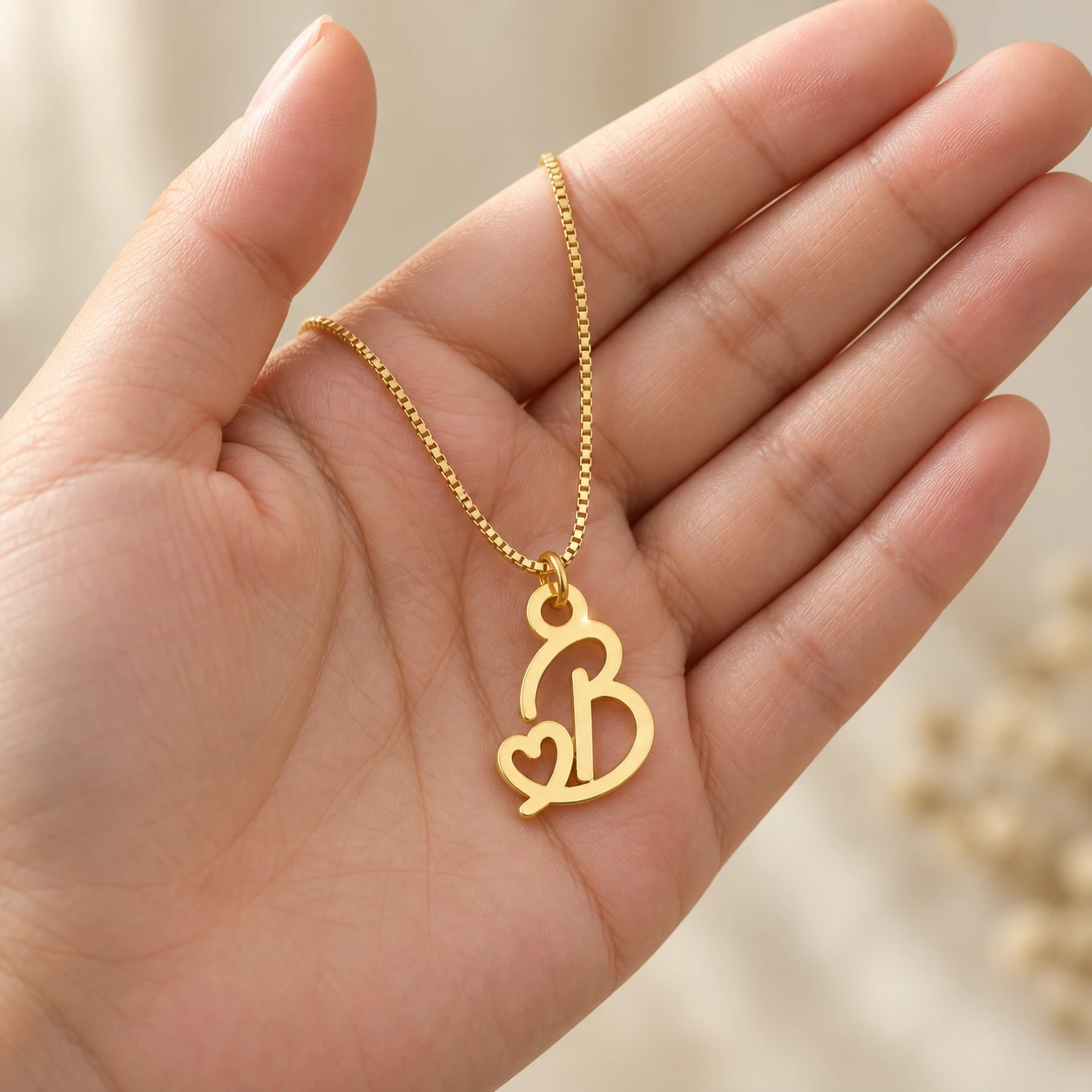 Heart Letter Pendant - hand Gold B letter pendant with integrated heart cutout and fine box chain, hand