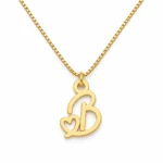 Gold B letter pendant with integrated heart cutout and fine box chain, white